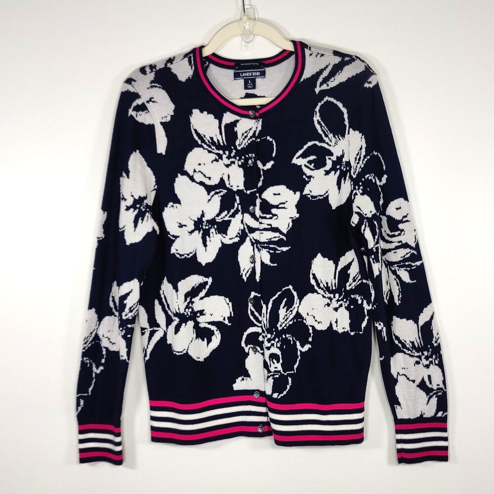 Lands' End Supima Cotton Floral Cardigan Navy White Pink‎ Button Front Sweater L